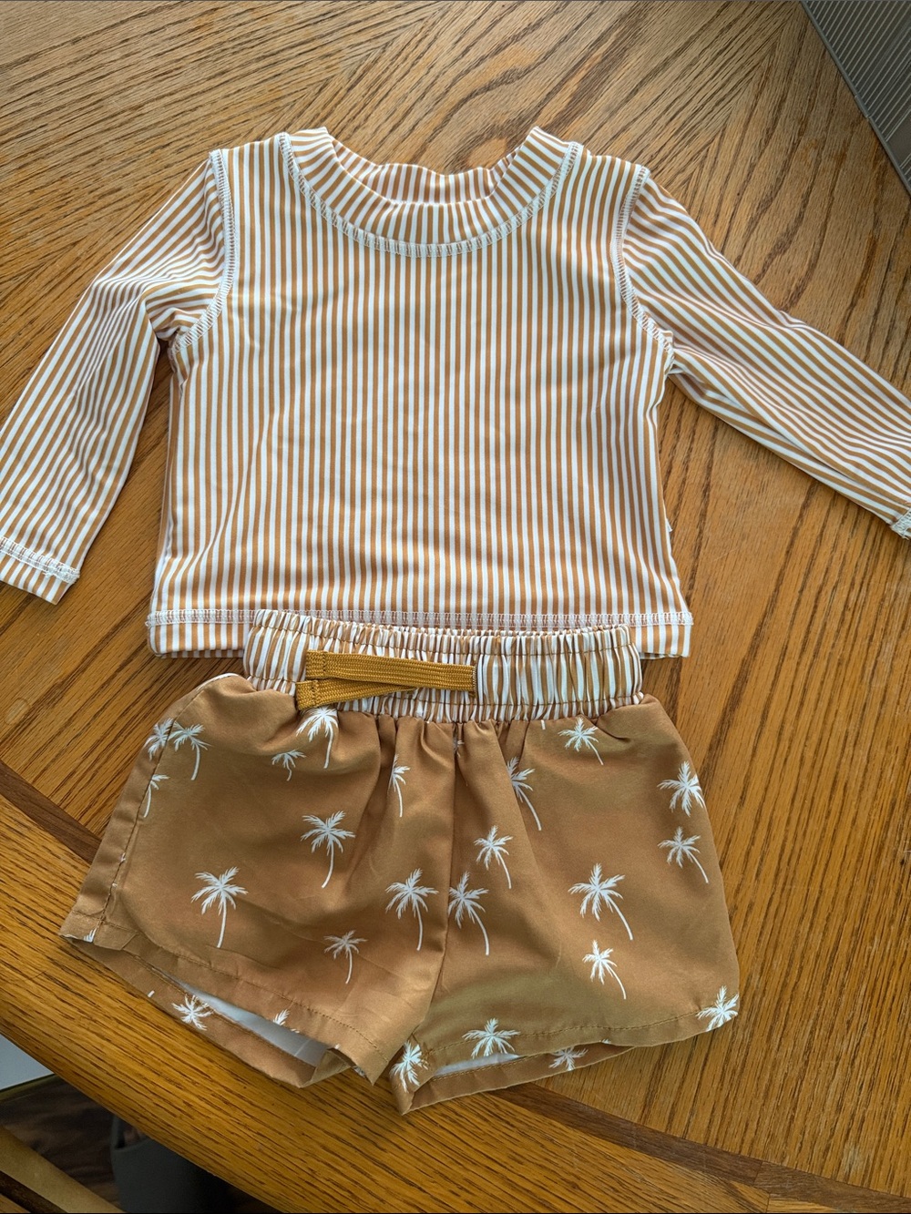 Caden Lane Tan & White Striped Rash Guard with Palm-Print Shorts
